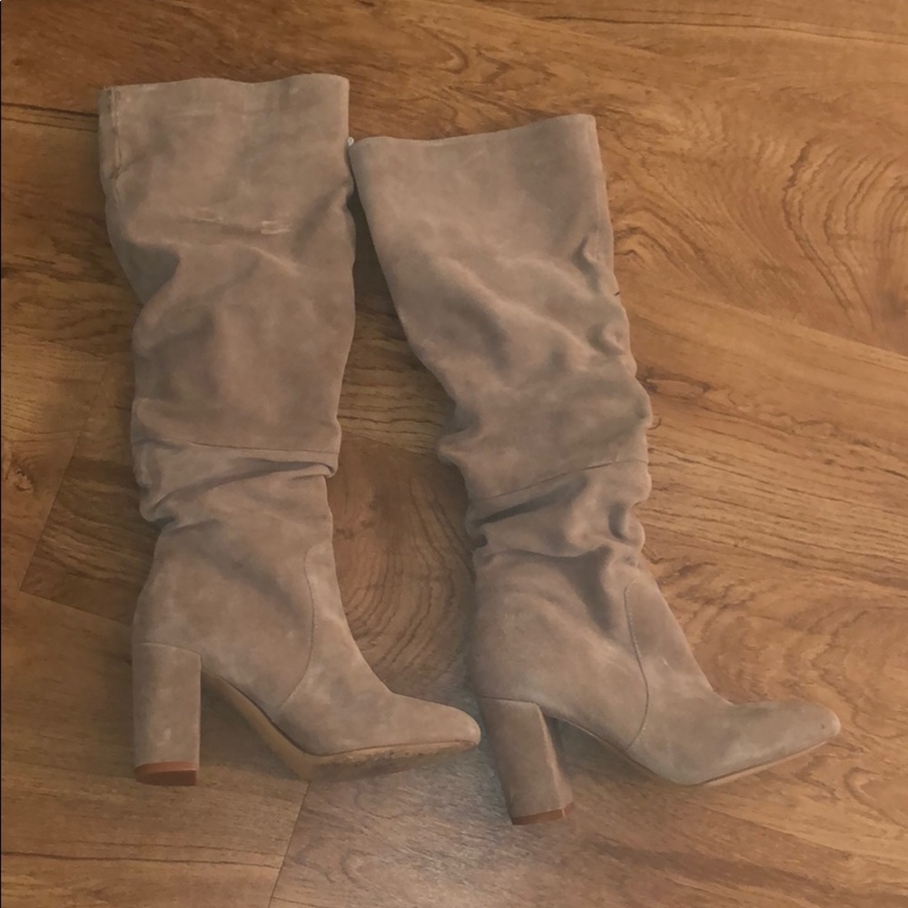 Taupe over the Knee Slub Heel Boots Suede